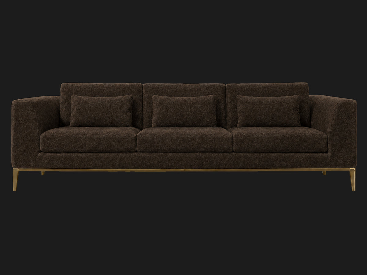 Italia Taper Arm 3-Cushion Sofa — Mohair Chocolate — Matte Brass — front-source-1 #Fabric & Color_Mohair Chocolate