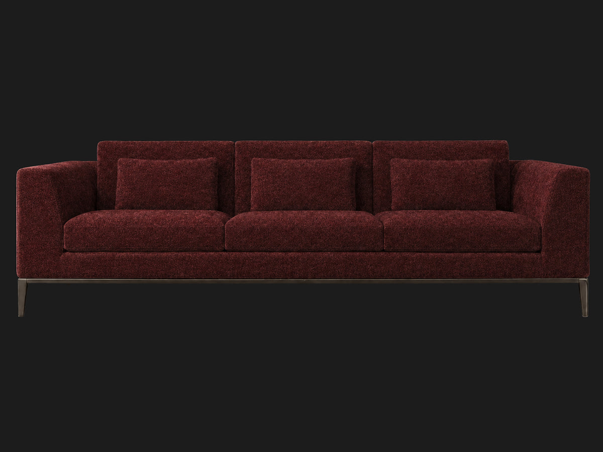 Italia Taper Arm 3-Cushion Sofa — Mohair Crimson — Burnished Bronze — front-source-1 #Fabric & Color_Mohair Crimson