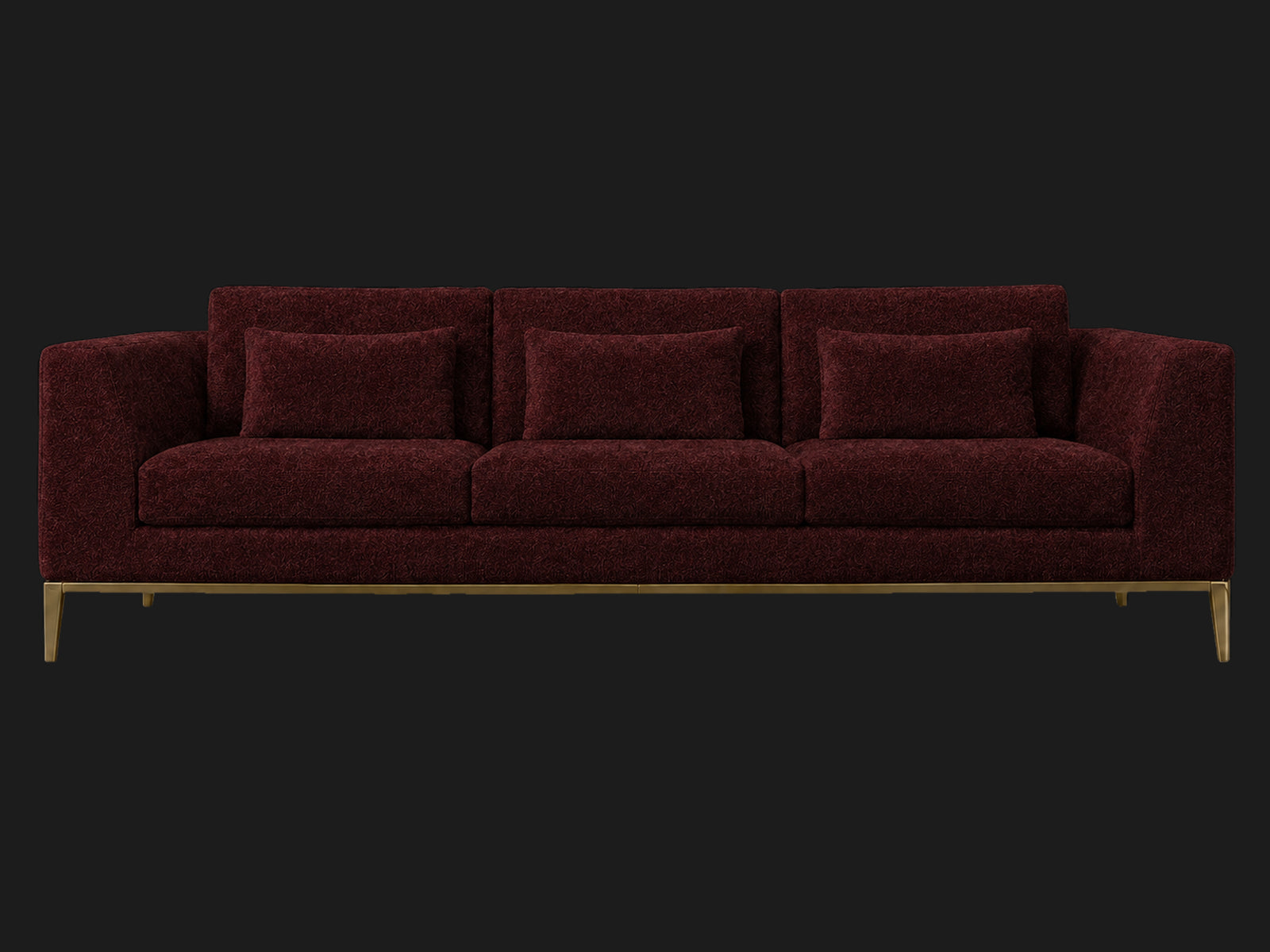Italia Taper Arm 3-Cushion Sofa — Mohair Crimson — Matte Brass — front-source-1 #Fabric & Color_Mohair Crimson