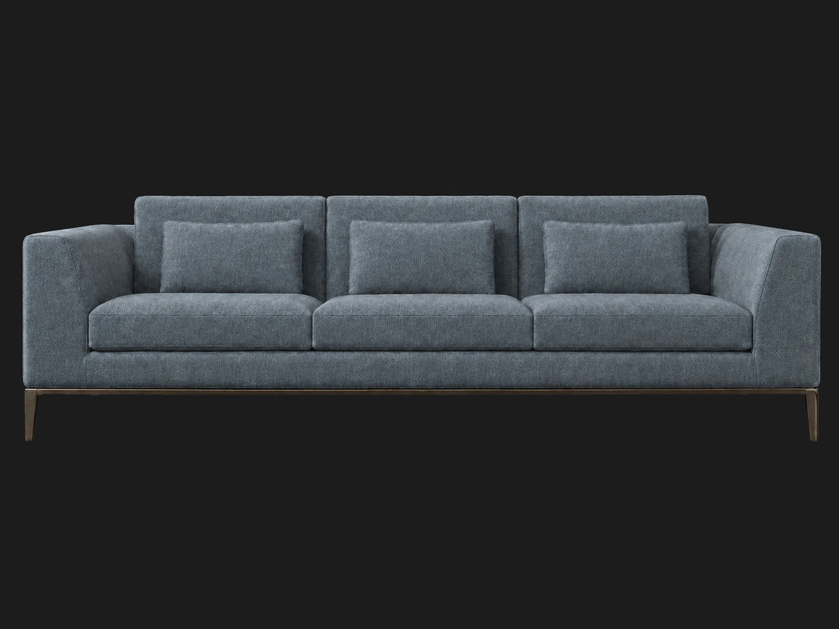 Italia Taper Arm 3-Cushion Sofa — Mohair Slate Blue — Burnished Bronze — front-source-1 #Fabric & Color_Mohair Slate Blue
