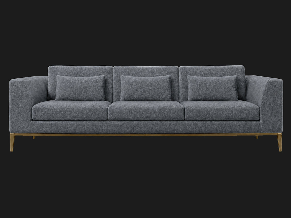 Italia Taper Arm 3-Cushion Sofa — Mohair Slate Blue — Matte Brass — front-source-1 #Fabric & Color_Mohair Slate Blue