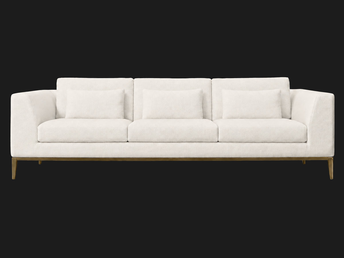 Italia Taper Arm 3-Cushion Sofa — Performance Linen Weave Pure White — Matte Brass — front-source-1 #Fabric & Color_Performance Linen Weave Pure White