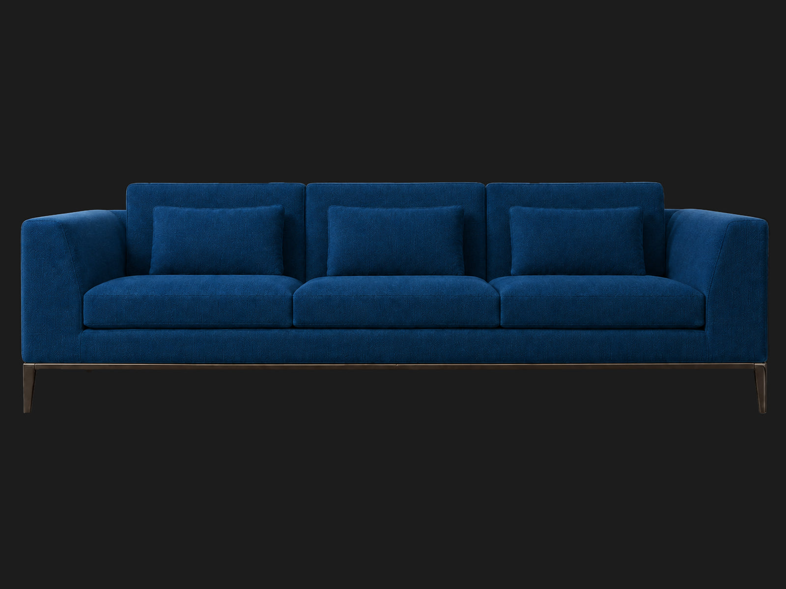 Italia Taper Arm 3-Cushion Sofa — Performance Velvet Sapphire — Burnished Bronze — front-source-1 #Fabric & Color_Performance Velvet Sapphire