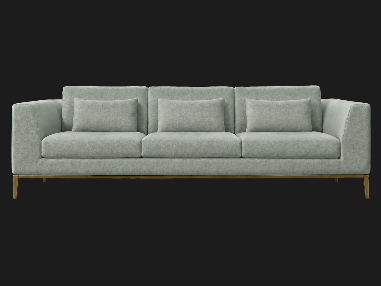 Italia Taper Arm 3-Cushion Sofa — Performance Velvet Seafoam — Matte Brass — front-source-1 #Fabric & Color_Performance Velvet Seafoam