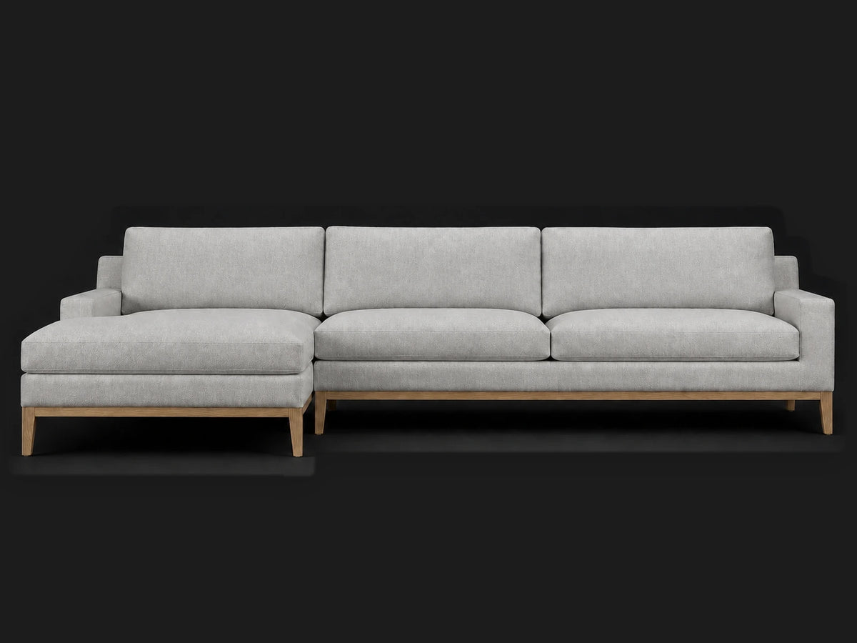Italia Track Arm Chaise Sectional — Heritage Belgian Linen Agate / Natural Oak