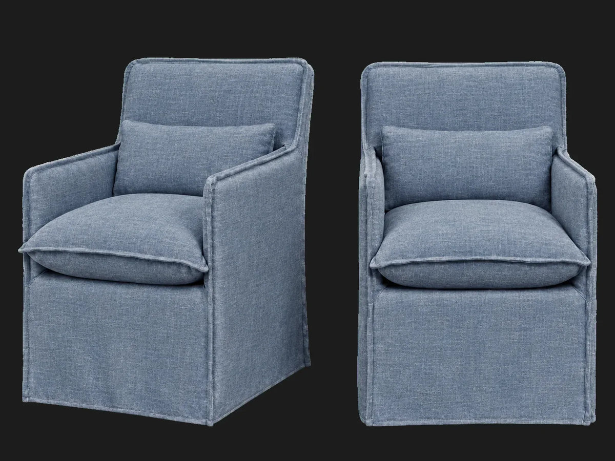 Melo Dining Chair 2-piece set in Heritage Belgian Linen Lake - front and three-quarter views #Fabric & Color_Heritage Belgian Linen Lake