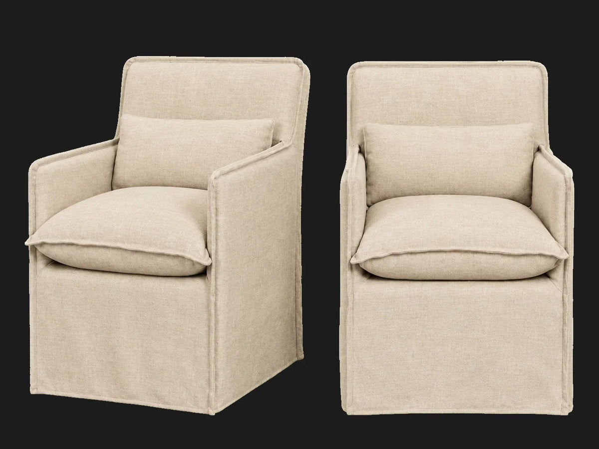 Melo Dining Chair 2-piece set in Heritage Belgian Linen Petal - front and three-quarter views