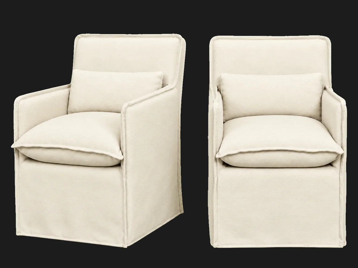 Melo Dining Chair 2-piece set in Italian Brushed Wool Vanilla - front and three-quarter views