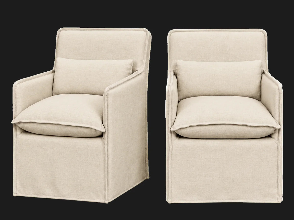 Melo Dining Chair 2-piece set in Performance Linen Weave Beige - front and three-quarter views #Fabric & Color_Performance Linen Weave Beige