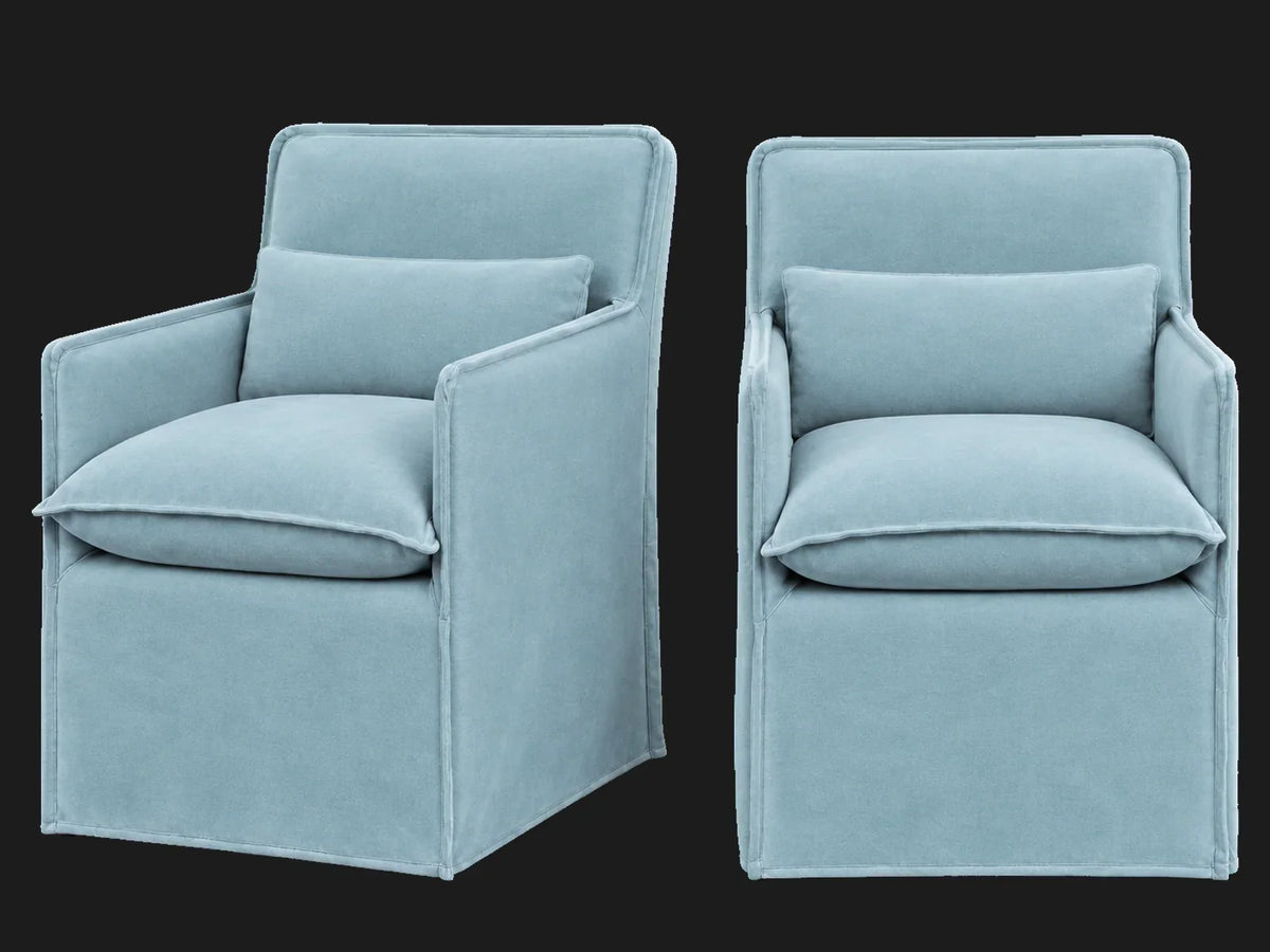 Melo Dining Chair 2-piece set in Performance Velvet Sky - front and three-quarter views #Fabric & Color_Performance Velvet Sky