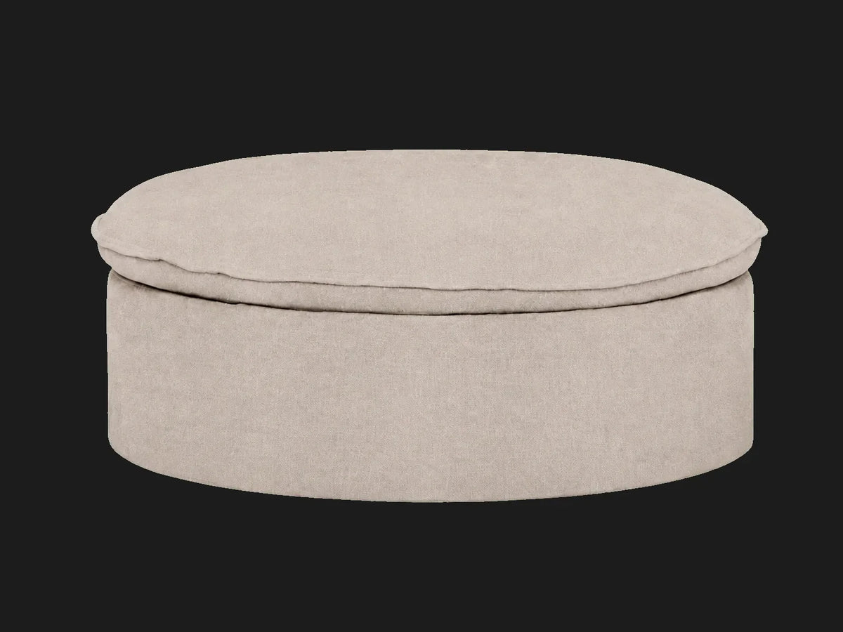 Neva Round Storage Ottoman in Performance Linen Weave Beige — front view