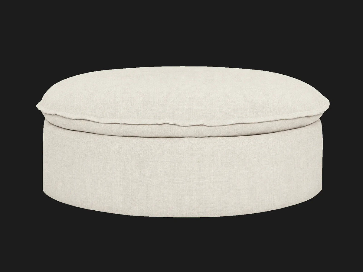 Neva Round Storage Ottoman in Performance Linen Weave Flour
