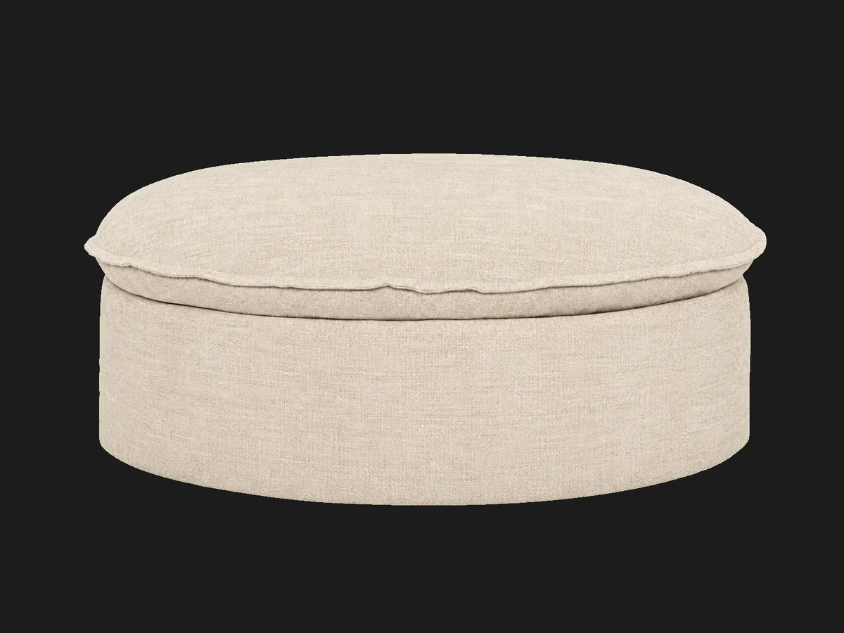 Neva Round Storage Ottoman in Performance Woven Chenille Desert
