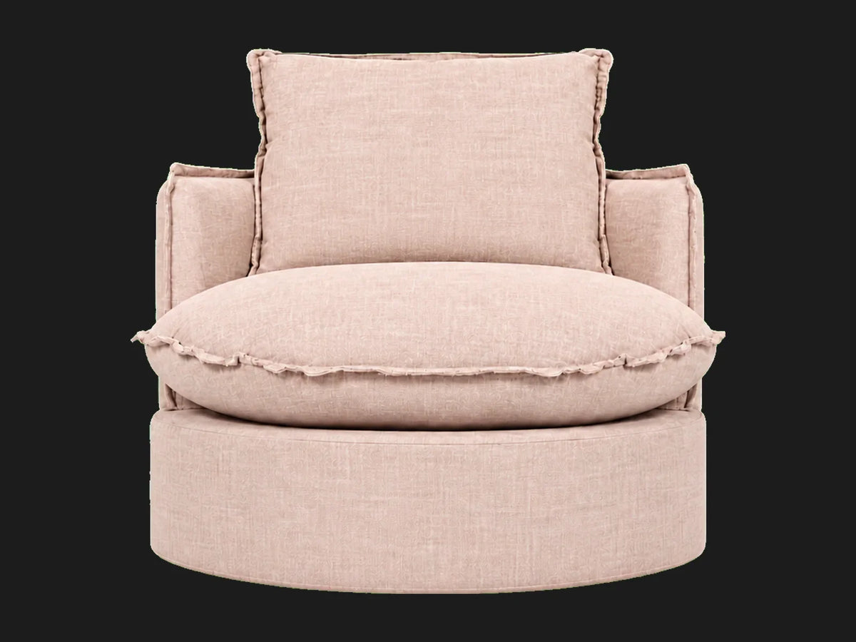Neva Round Swivel Chair in Heritage Belgian Linen Petal, front view