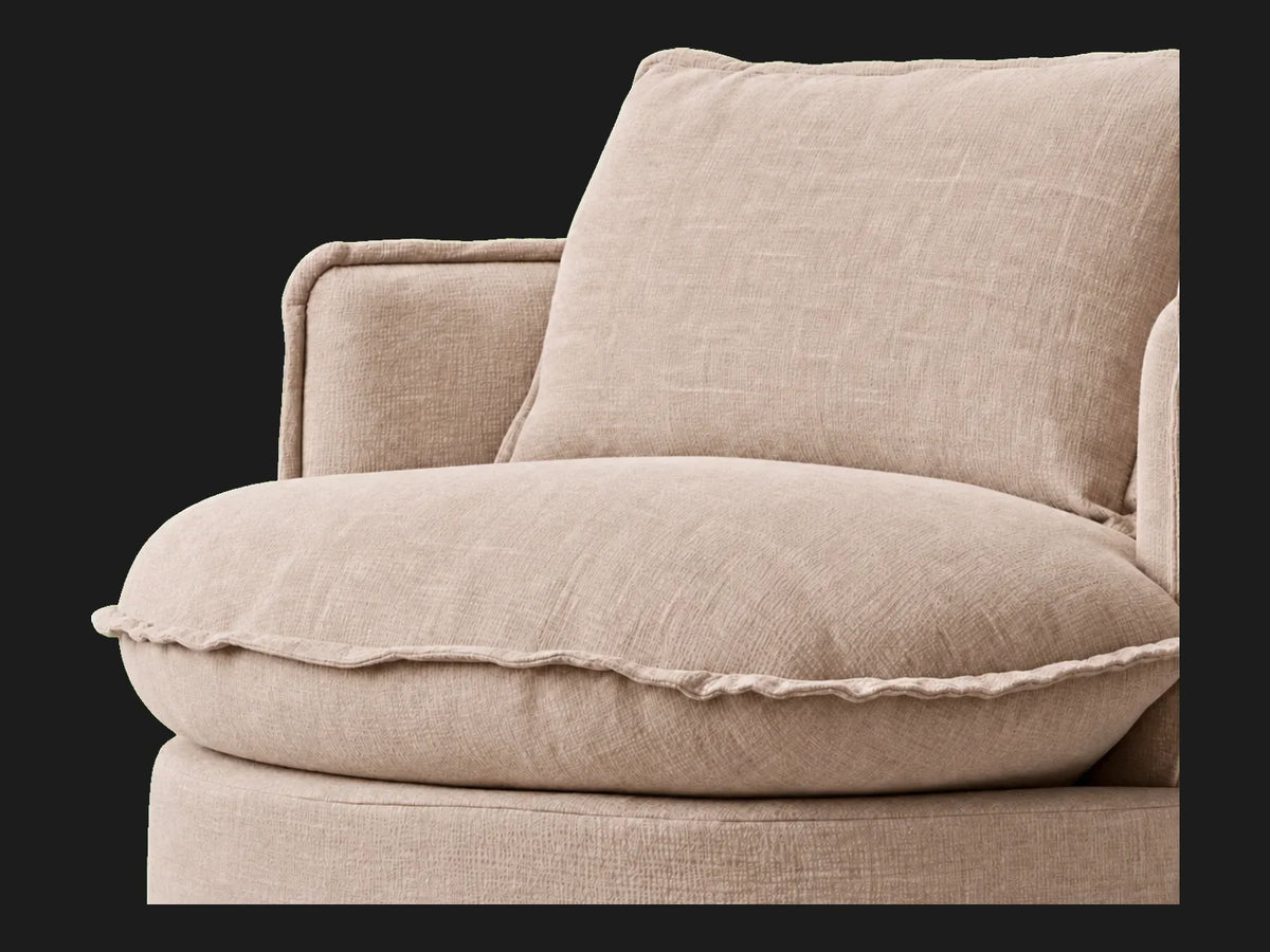 Neva Round Swivel Chair in Heritage Belgian Linen Petal, cushion detail