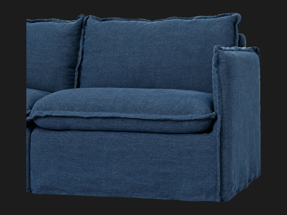 Neva Slipcovered Modular Sectional Sofa in Performance Linen Weave Bay — arm and slipcover detail