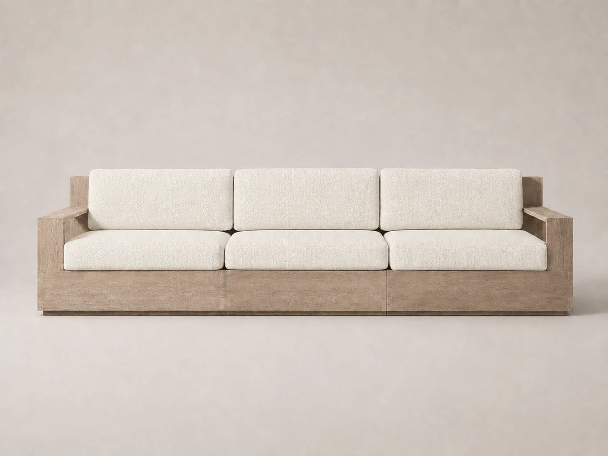 outdoor-three-seat-sofa-teak-frame-performance-fabric #Fabric & Color_Heritage Belgian Linen Alder