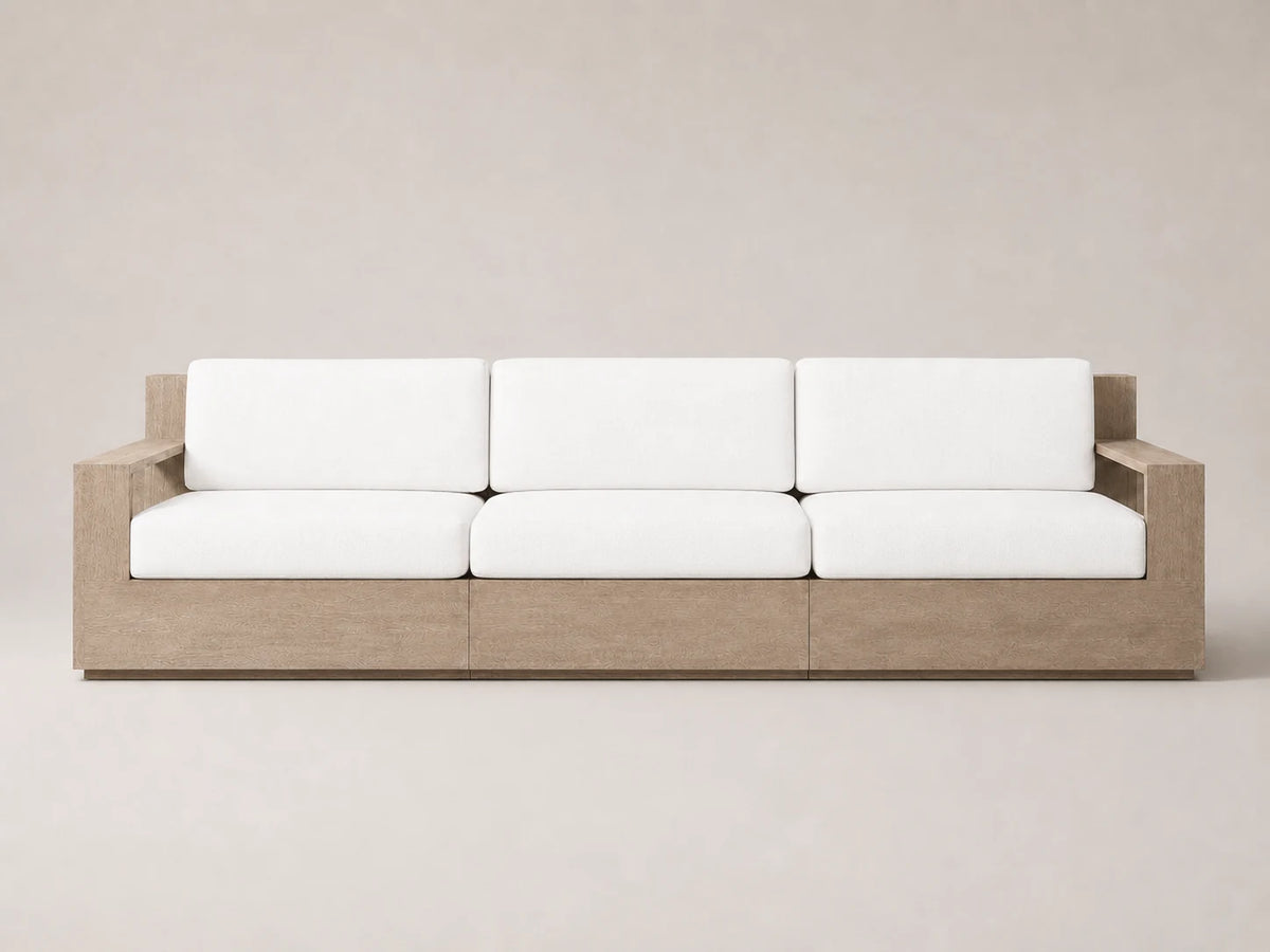 outdoor-three-seat-sofa-teak-frame-performance-fabric #Fabric & Color_Performance Linen Weave Pure White