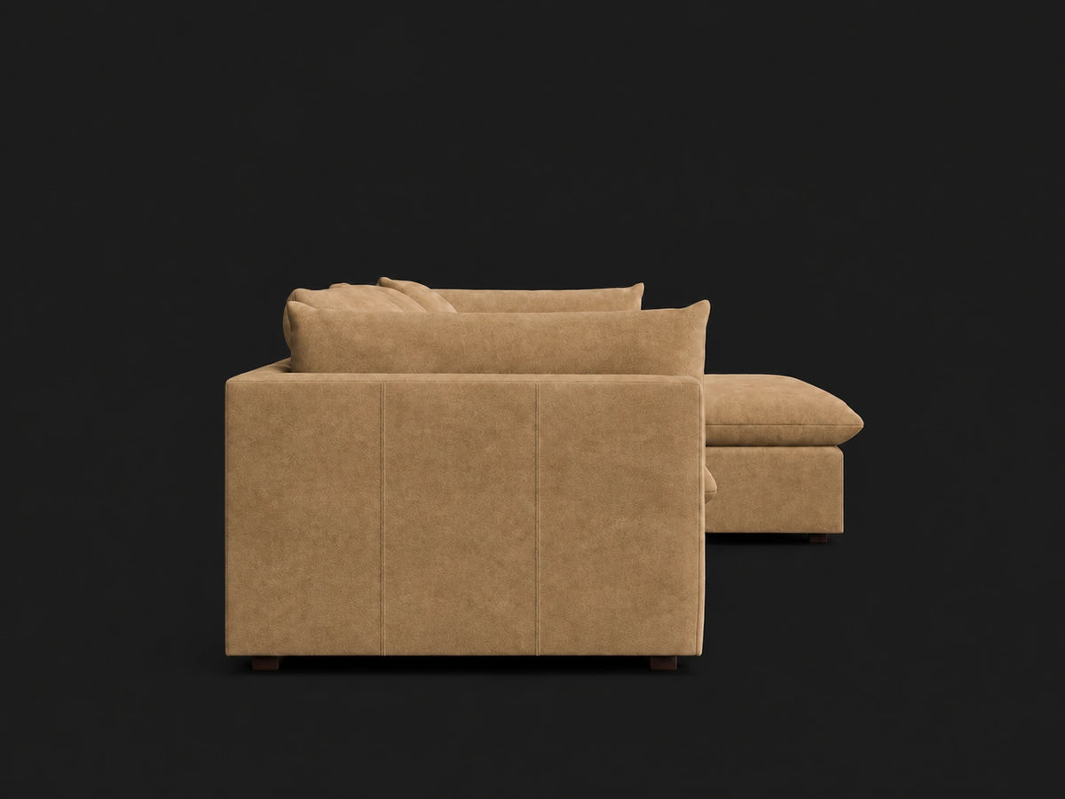 Palmetto Leather Chaise Sectional (121") — end view, Right Chaise, Nubuck Leather Rye