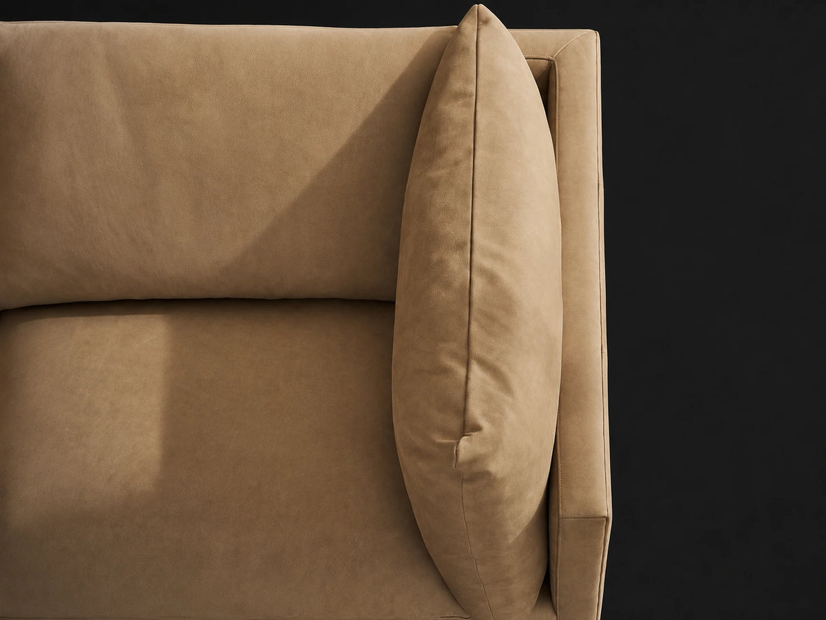 Palmetto Leather Chaise Sectional (121") — Nubuck Leather Rye cushion detail