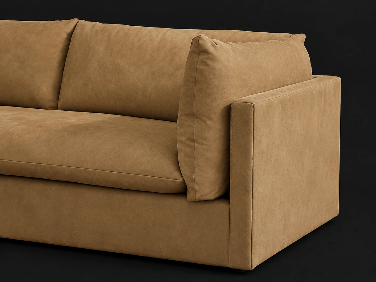 Palmetto Leather Chaise Sectional (121") — Nubuck Leather Rye arm and seat detail