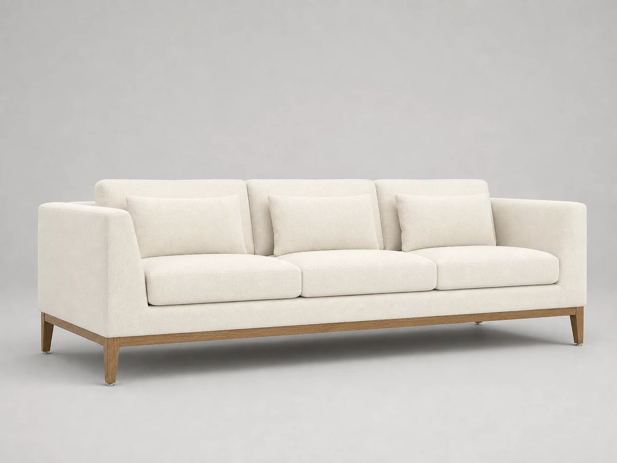 E310952588 sofa 45 left view in Italian Brushed Wool Vanilla with oak base