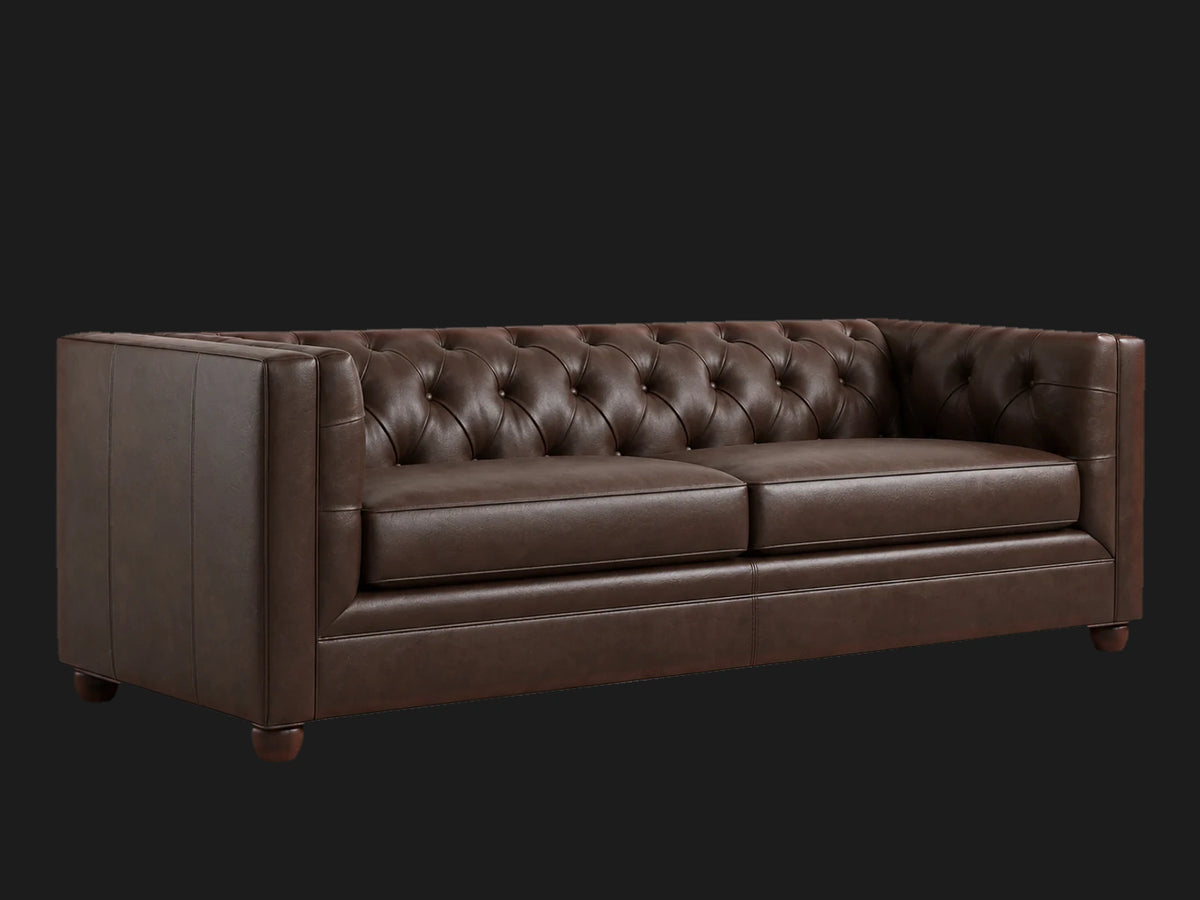 Chesterfield square arm leather sofa 45 degree left view in dark brown leather