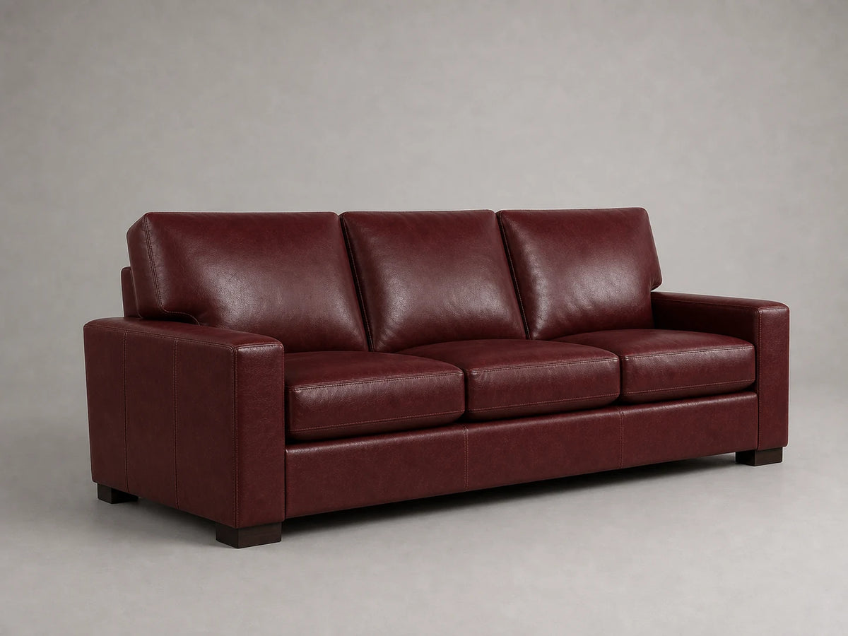 Turner sofa 45 degree left view in Oxblood aniline leather