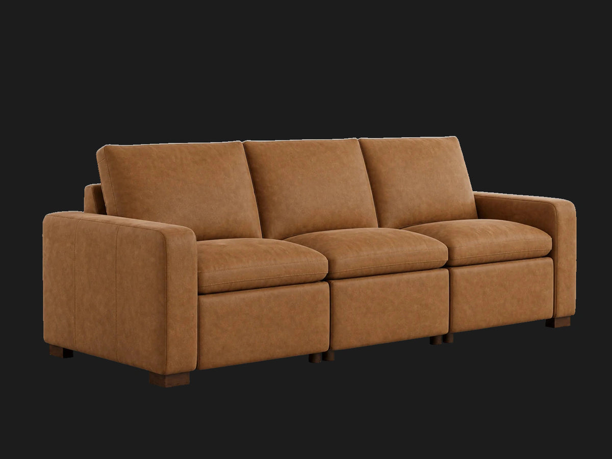Westlake reclining sofa 45 degree closed view in Nubuck Leather Saddle