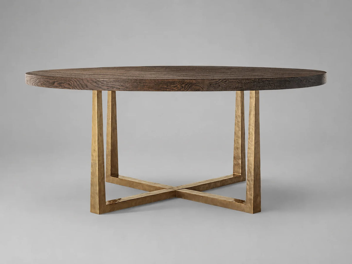 Round Oak Dining Table with Brass Base