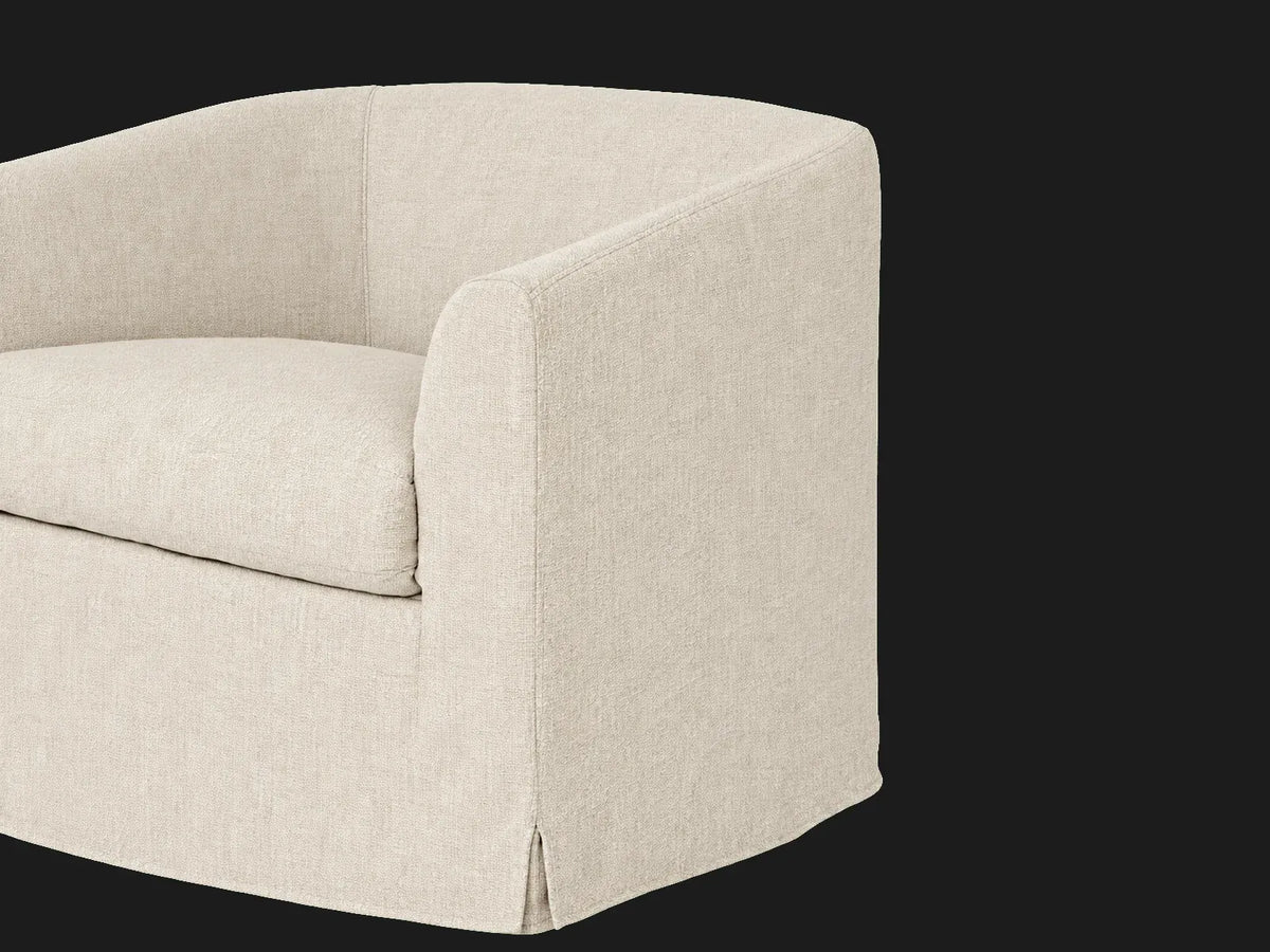 Ziki slipcovered swivel chair in Performance Linen Weave Beige, arm detail