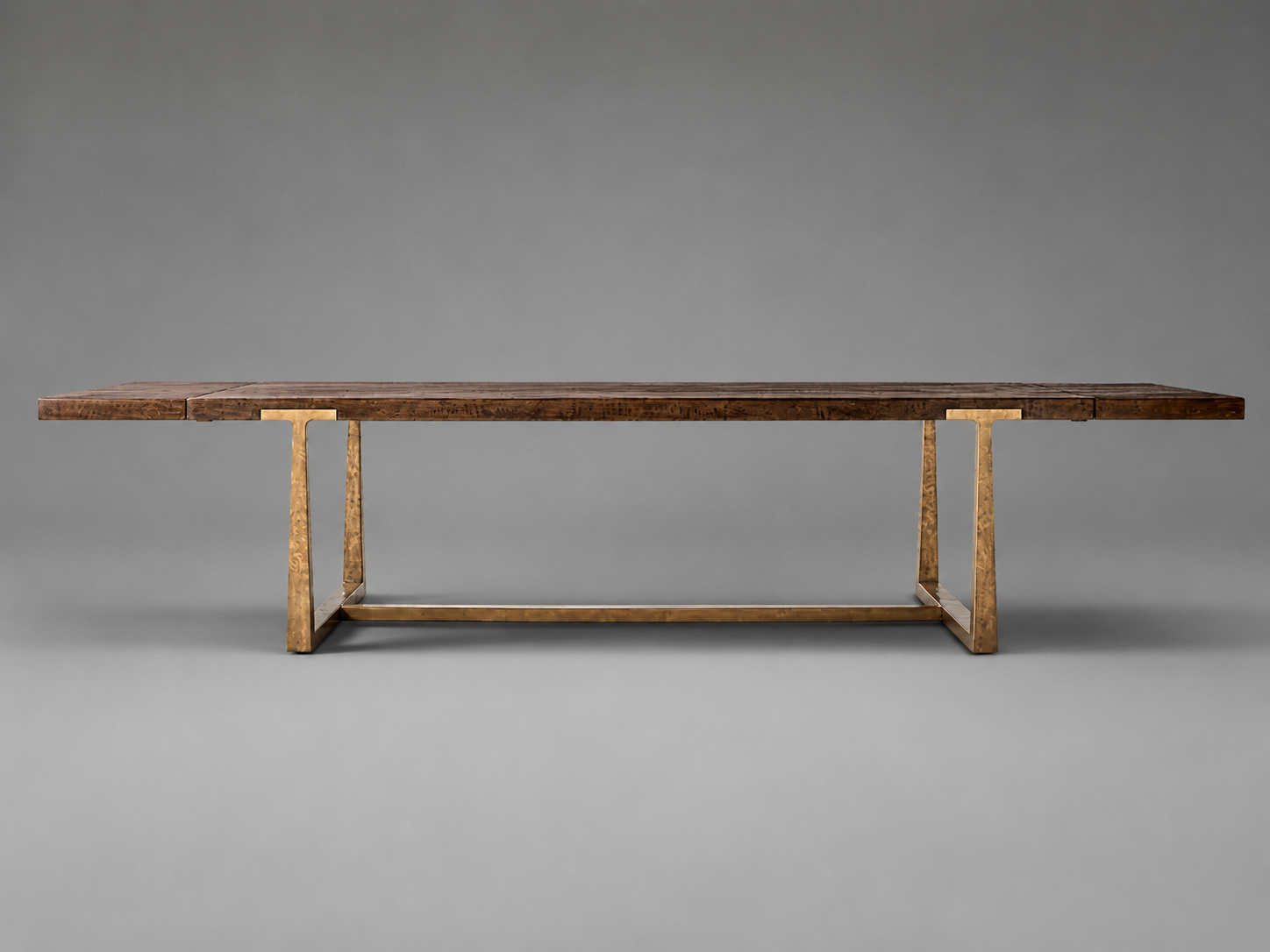 Expandable Solid Oak Dining Table, Forged Brass Base，8-10seats