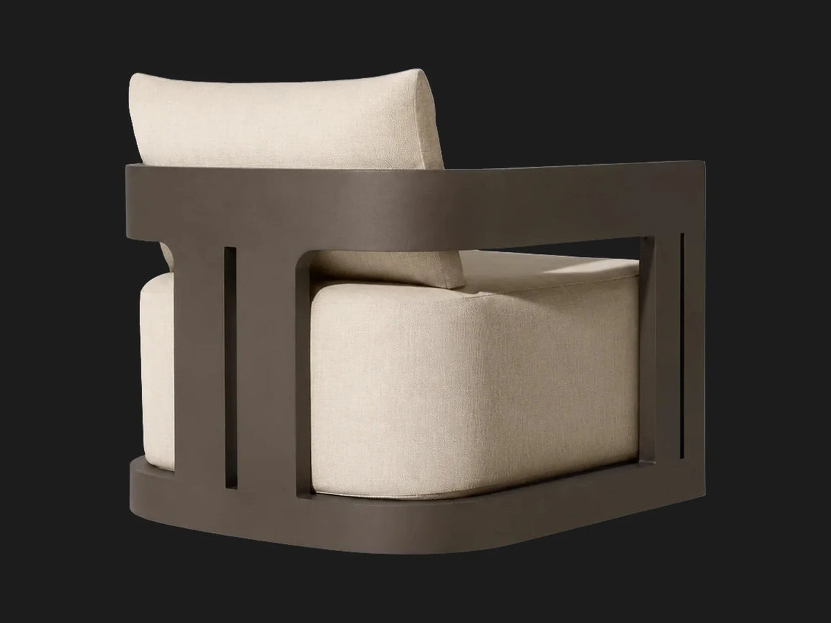 Outdoor bronze aluminum swivel chair, rear three-quarter view