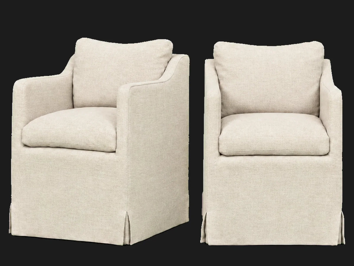 Amelia Dining Chair 2-piece set in Heritage Belgian Linen Alder - front and three-quarter views #Fabric & Color_Heritage Belgian Linen Alder