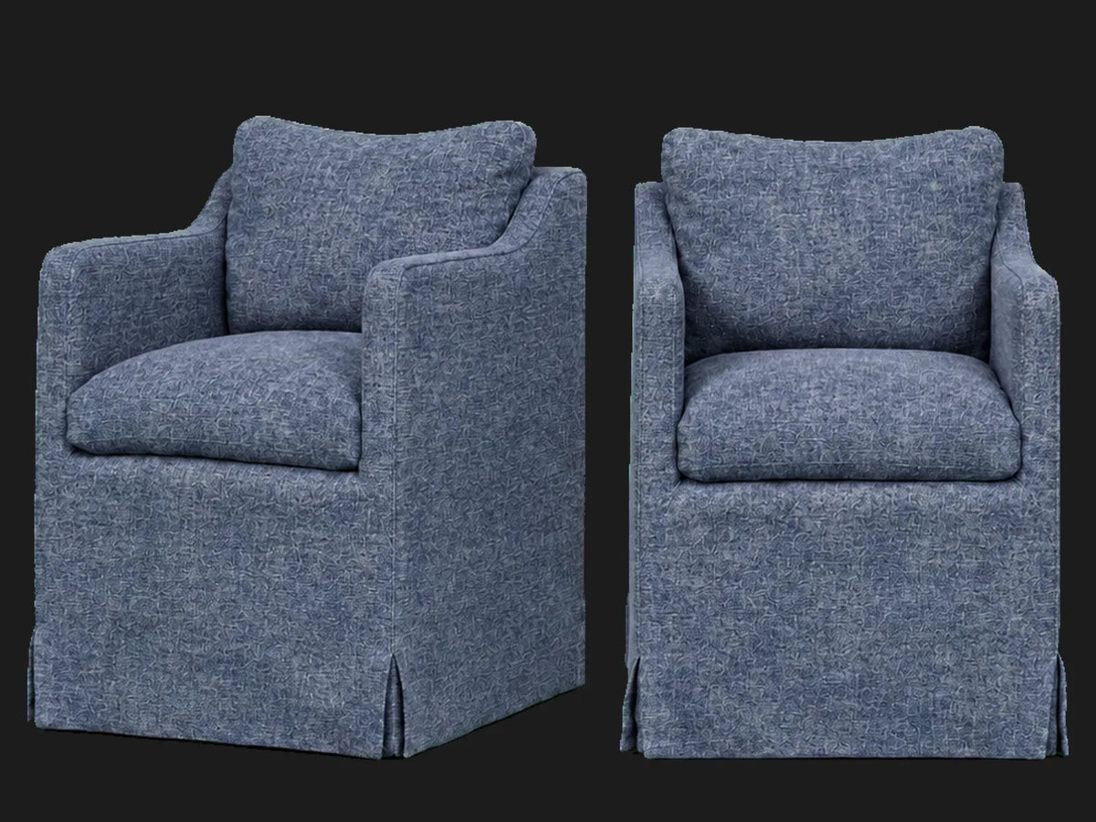 Amelia Dining Chair 2-piece set in Heritage Belgian Linen Lake - front and three-quarter views #Fabric & Color_Heritage Belgian Linen Lake