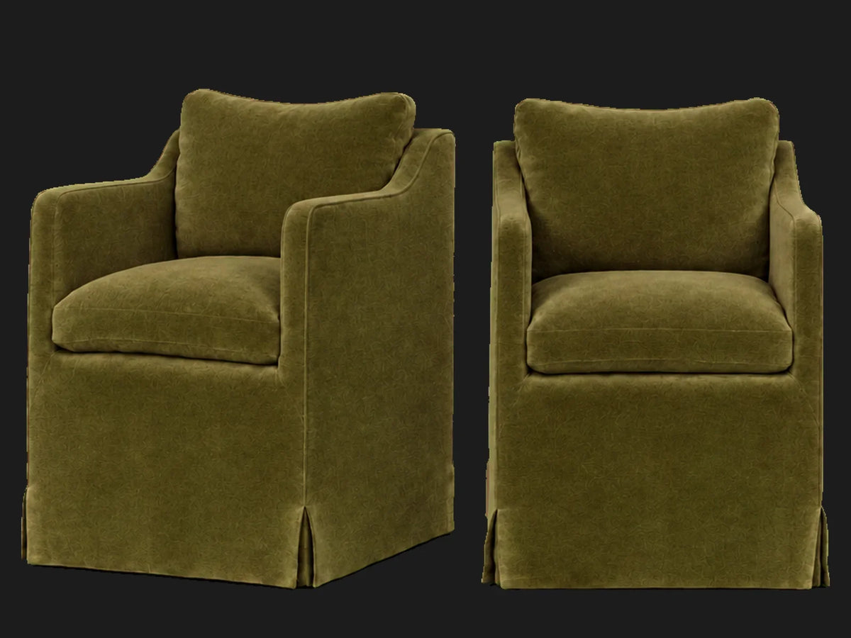 Amelia Dining Chair 2-piece set in Performance Velvet Olive - front and three-quarter views #Fabric & Color_Performance Velvet Olive