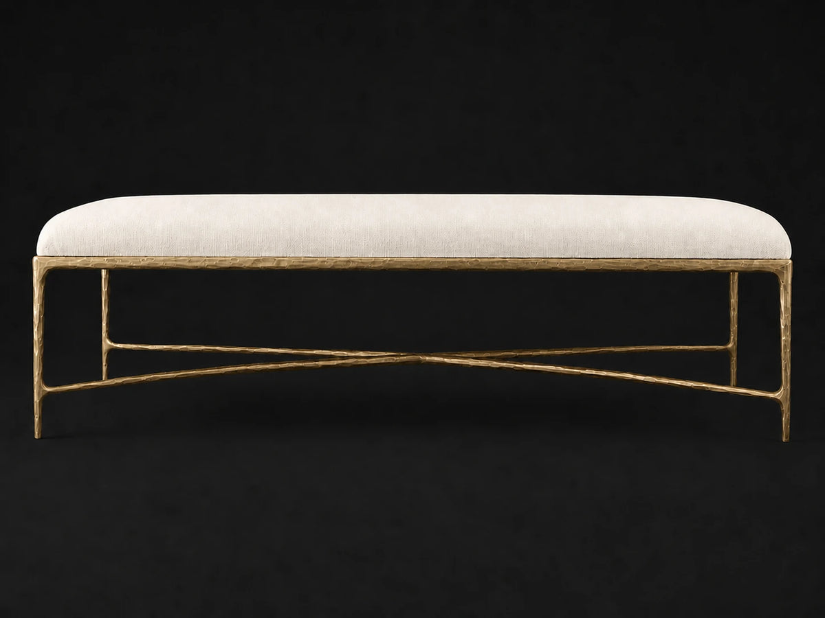 Rectangular Coffee Ottoman — Performance Linen Weave Pure White — Forged Brass #Fabric & Color_Performance Linen Weave Pure White