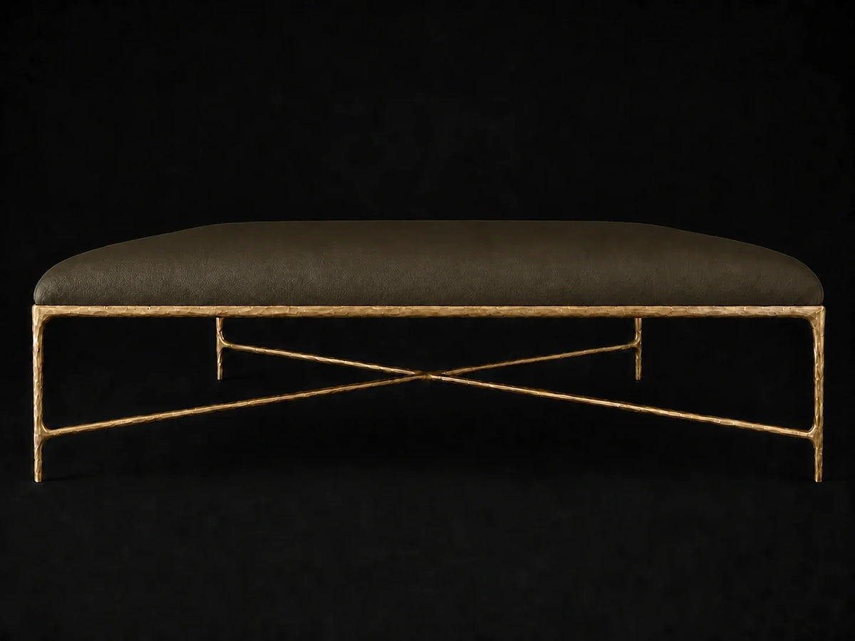 Square Coffee Ottoman — Pebbled Leather Truffle — Forged Brass #Fabric & Color_Pebbled Leather Truffle