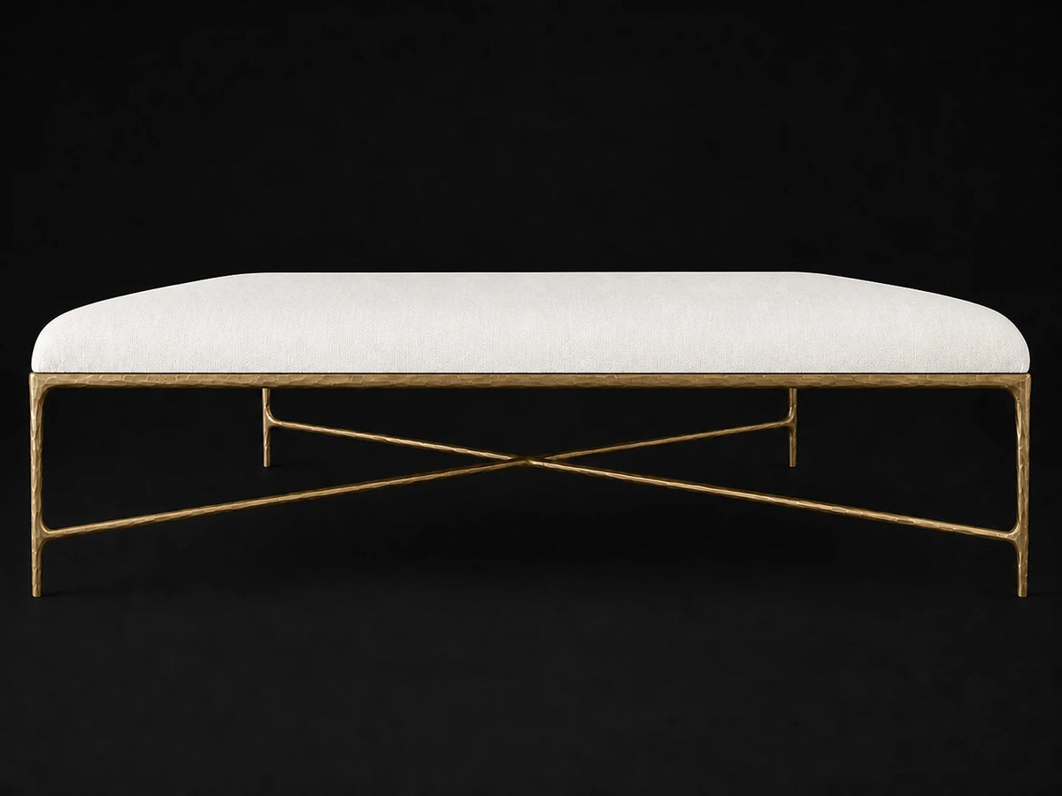 Square Coffee Ottoman — Performance Linen Weave Pure White — Forged Brass #Fabric & Color_Performance Linen Weave Pure White