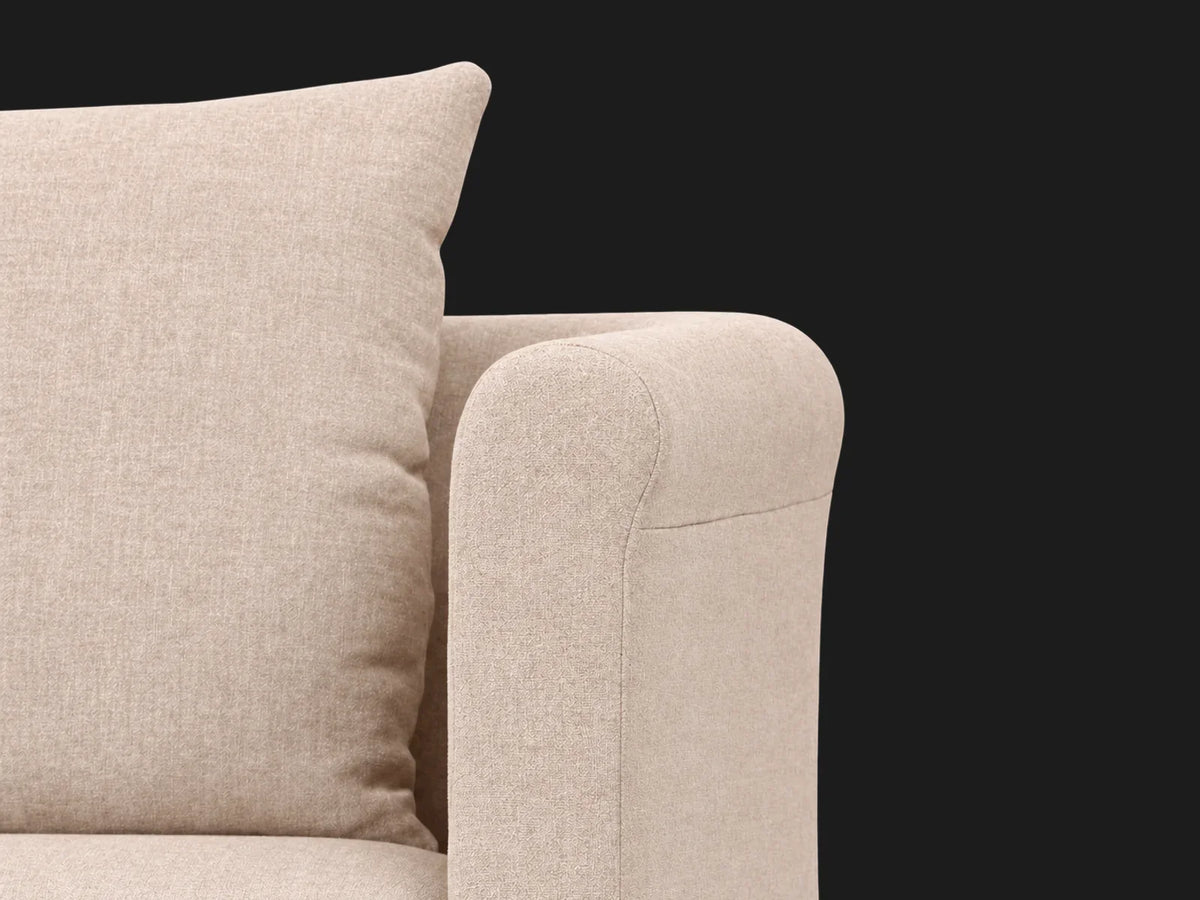 Dalia Slipcovered Chair in Heritage Belgian Linen Petal - rolled arm detail