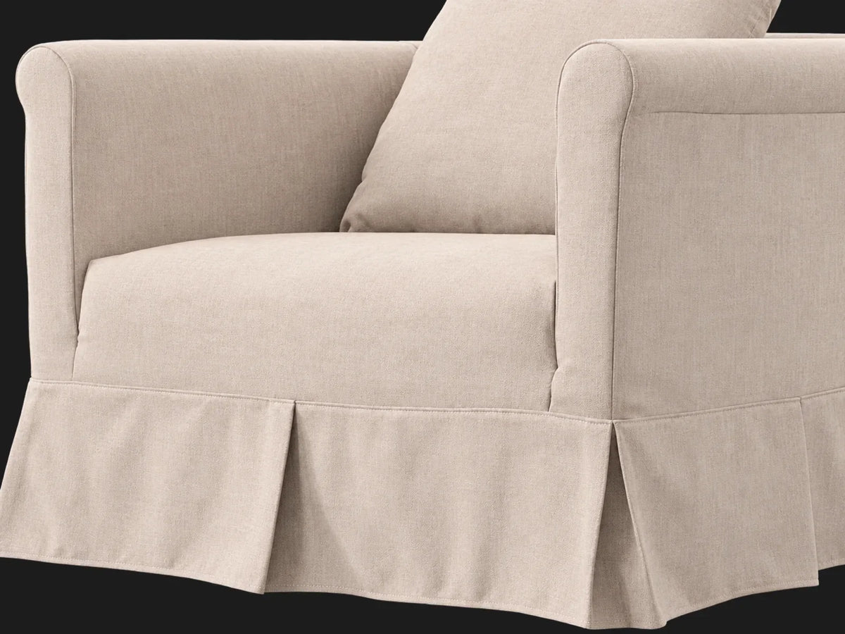 Dalia Slipcovered Chair in Heritage Belgian Linen Petal - deep fixed seat detail
