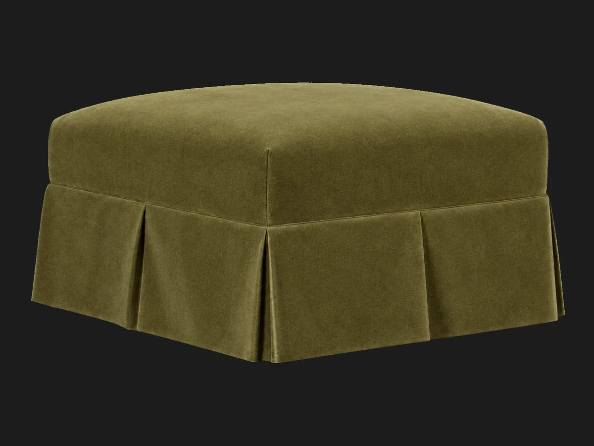 Dalia Ottoman in Performance Velvet Olive, three-quarter view