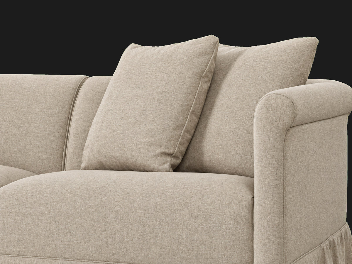 Dalia Sectional — rolled arm detail in Performance Textural Weave Earthen