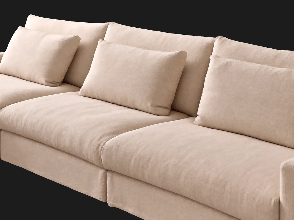 Devyn 4-piece chaise sectional — seating close-up in Performance Linen Weave Beige