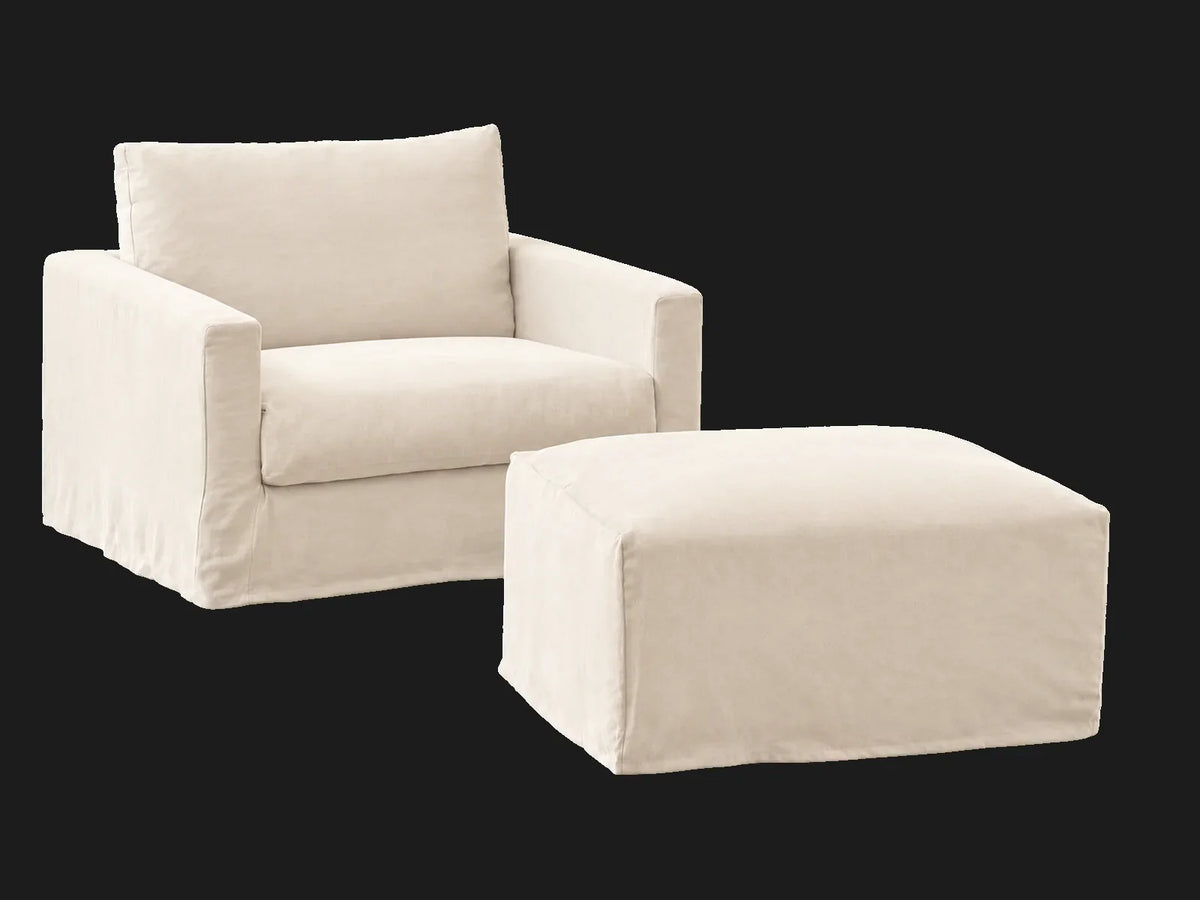 Devyn Ottoman in Italian Brushed Wool Vanilla with matching chair