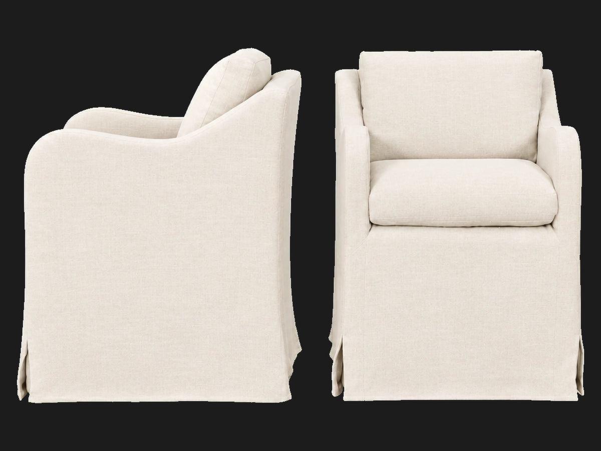 Esmé Dining Chair 2-piece set in Performance Linen Weave Flour - side and front views