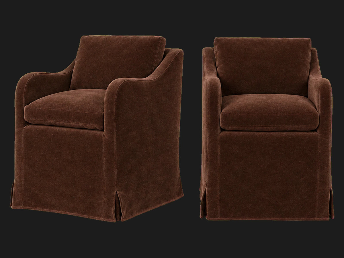 Esmé Dining Chair 2-piece set in Mohair Chocolate - front and three-quarter views #Fabric & Color_Mohair Chocolate