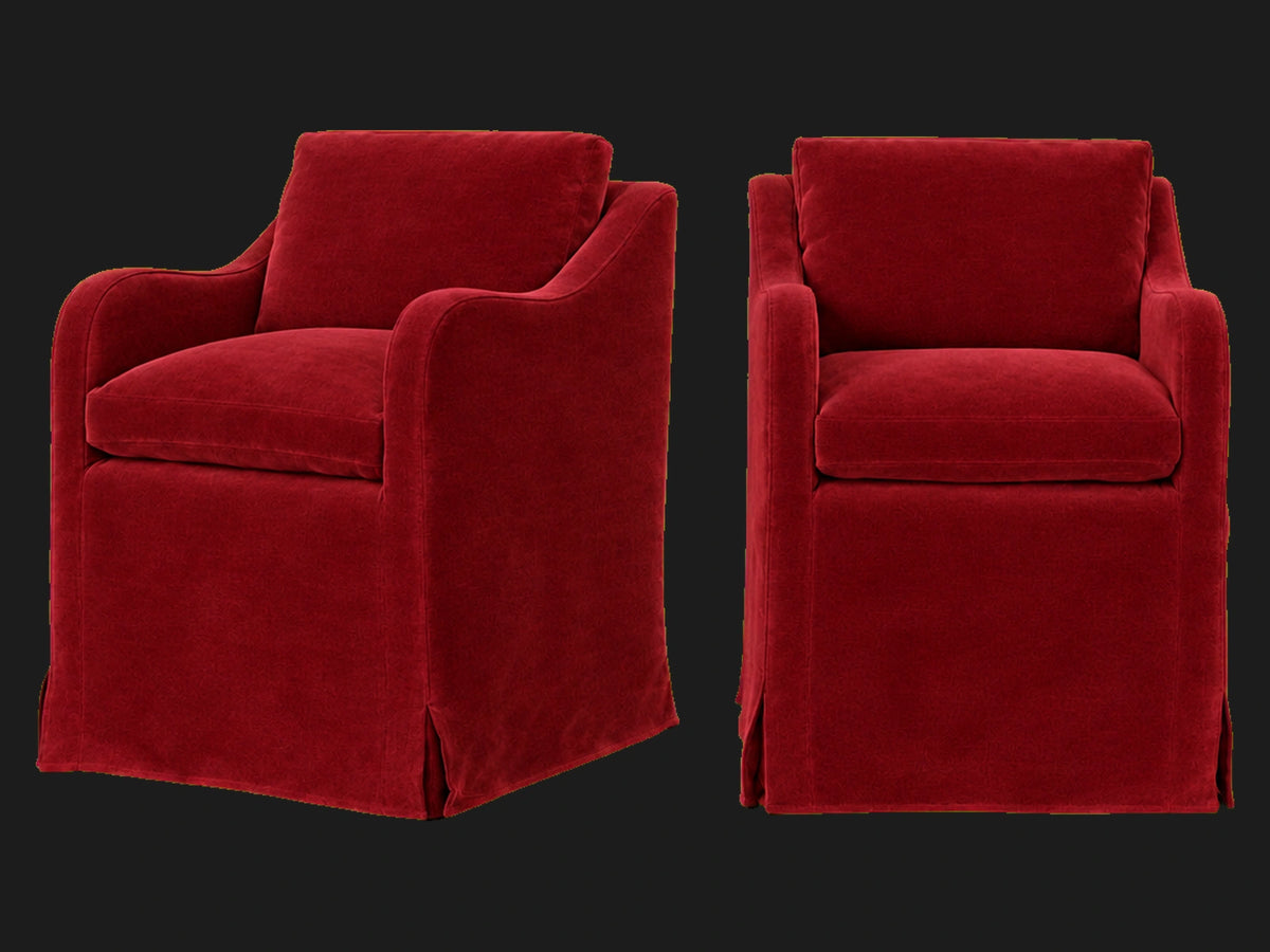 Esmé Dining Chair 2-piece set in Mohair Crimson - front and three-quarter views #Fabric & Color_Mohair Crimson