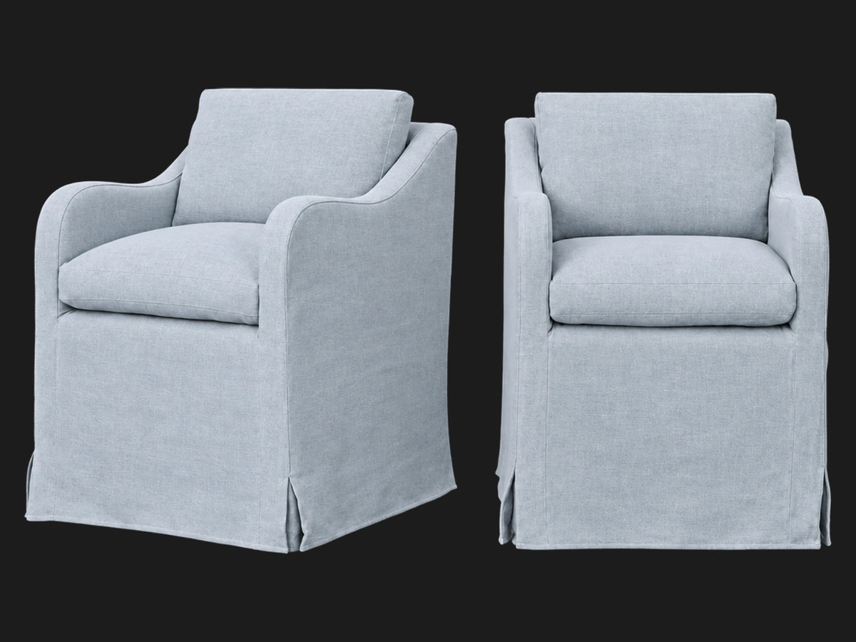 Esmé Dining Chair 2-piece set in Performance Linen Weave Bay - front and three-quarter views #Fabric & Color_Performance Linen Weave Bay