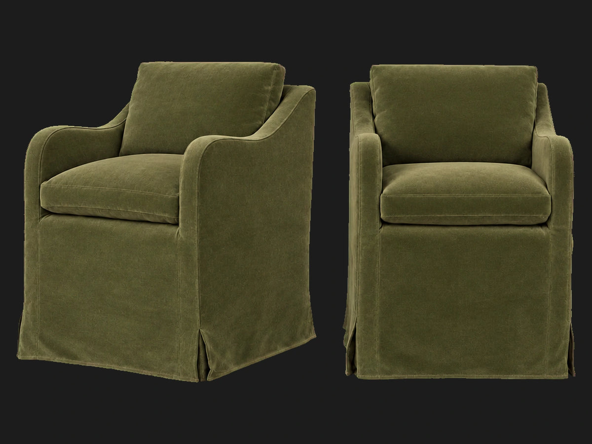 Esmé Dining Chair 2-piece set in Performance Velvet Olive - front and three-quarter views #Fabric & Color_Performance Velvet Olive